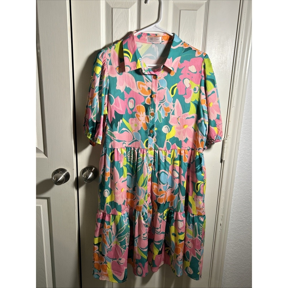 Liam & Co.‎ Dress Floral 60s Style Floral Womens Large Button Up Short Sleeve